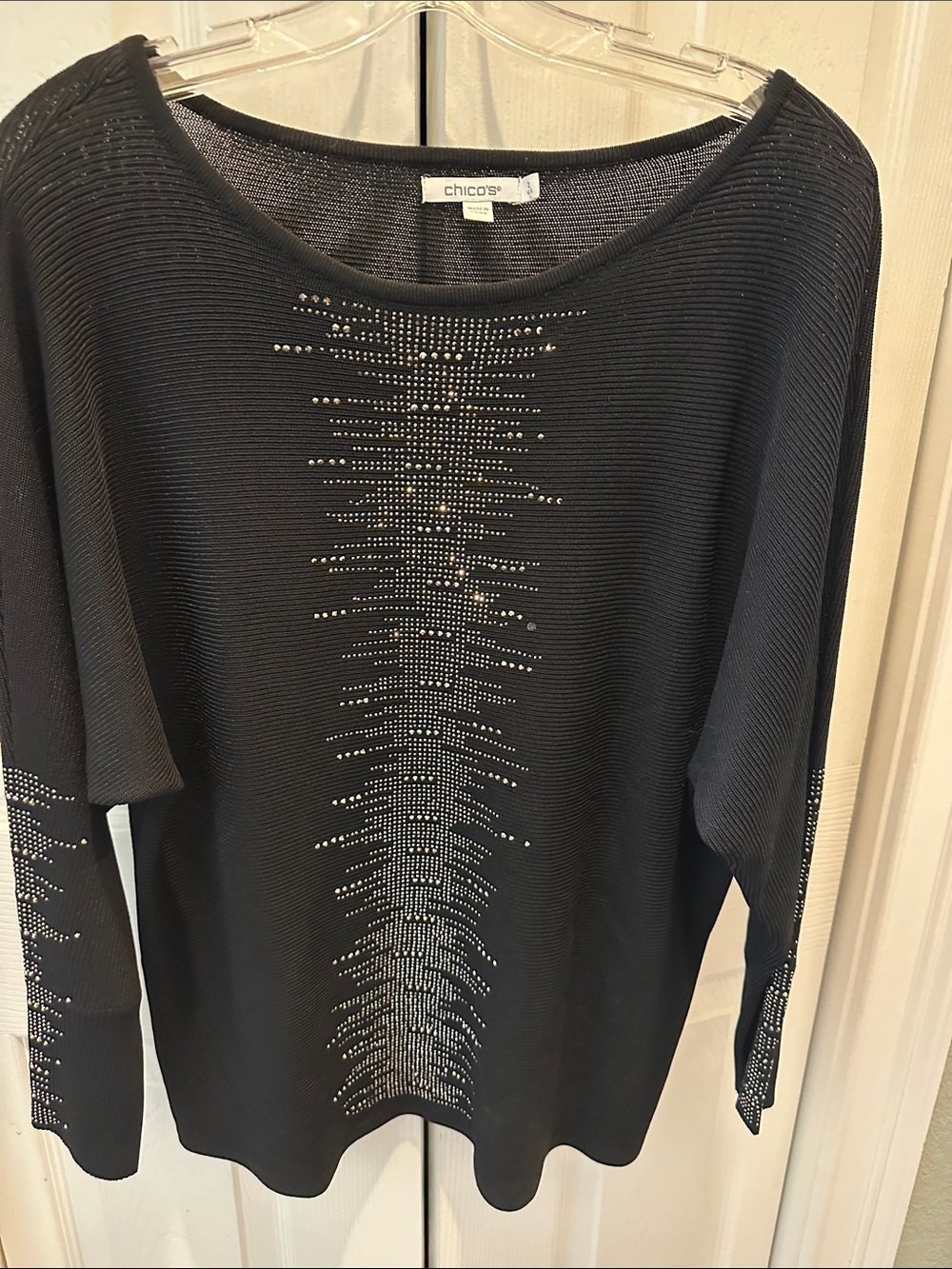 Chico's Black Ribbed Knit Top with Center Rhinestone Detail
